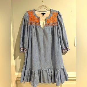 J. Crew Dress, Small, blue and white stripes with coral embroidery.